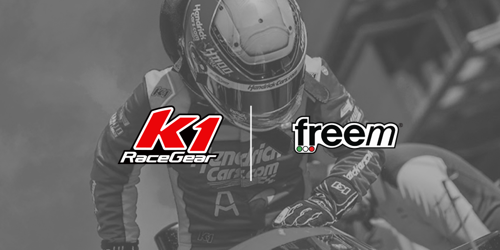 K1 RaceGear and Freem logos on an image of Kyle Larson getting into his McLaren IndyCar