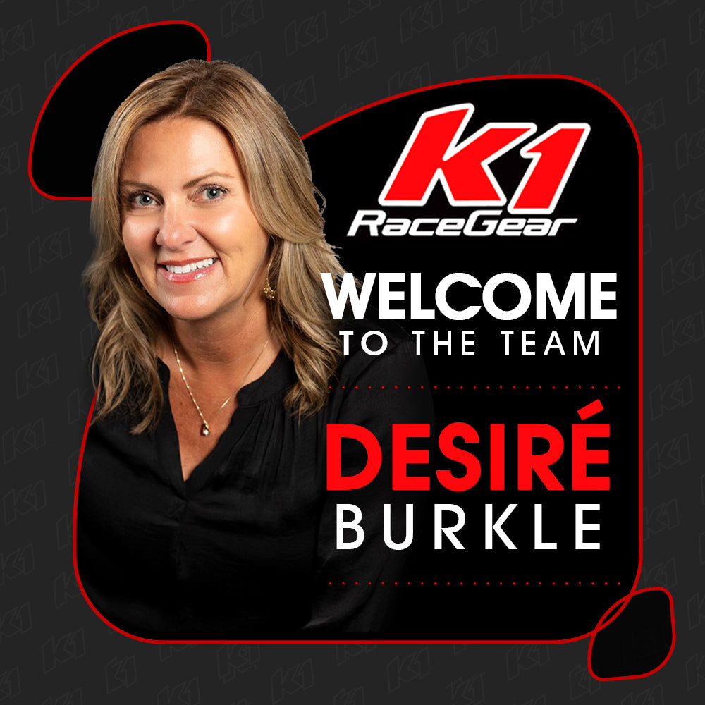image of Desiré Burkle and text reading "Welcome to the team Desiré Burkle" with K1 RaceGear logo