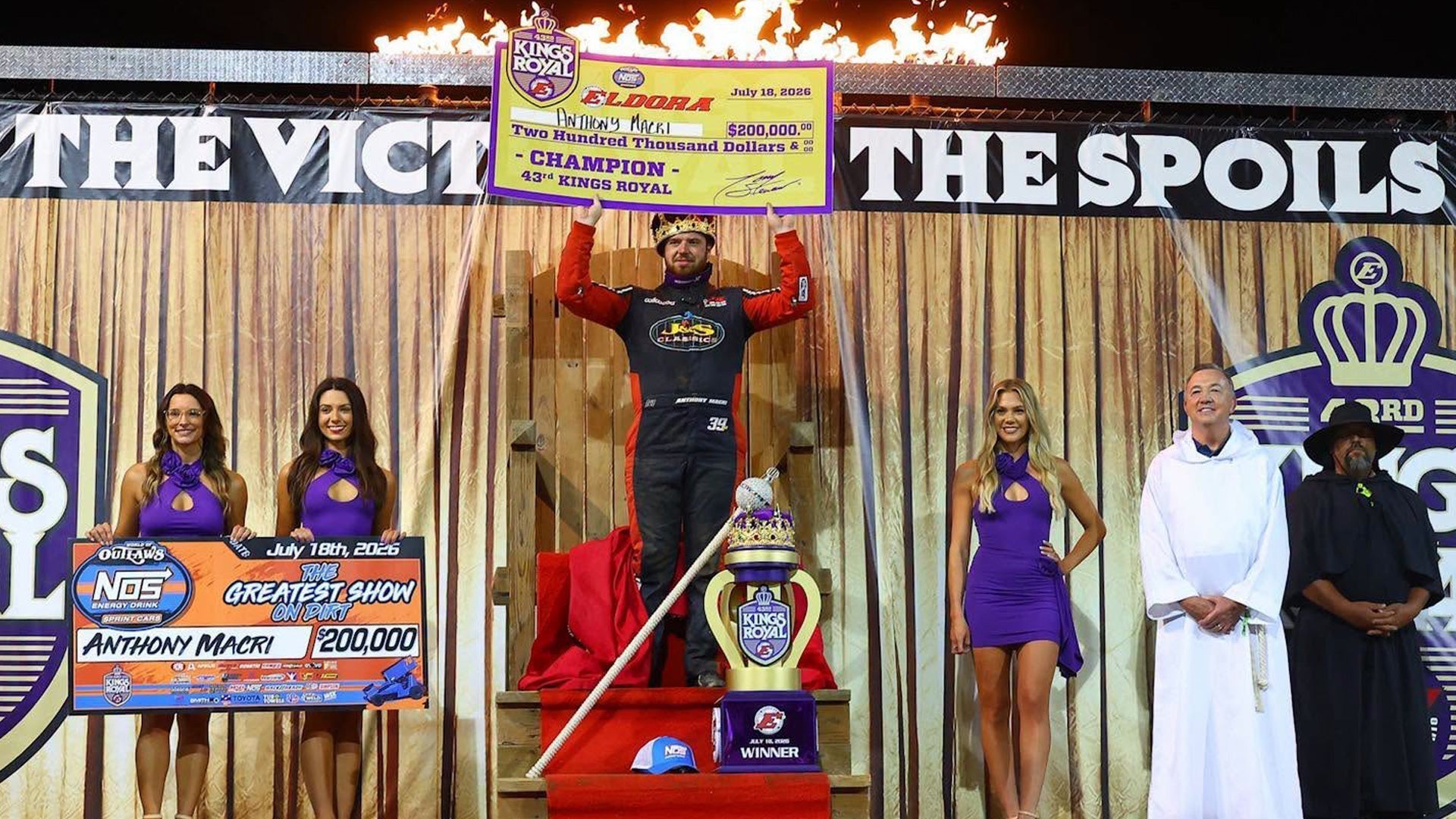 Anthony Macri wins at Eldora in a custom K1 Racegear suit