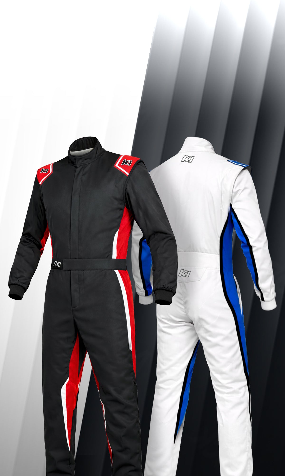 Speed 2 Kart Racing Suit in Black or White with blue or red color accents