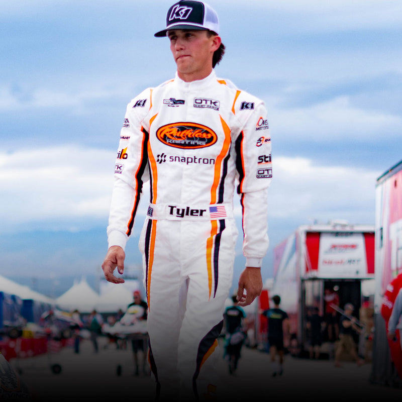 Tyler from Ruthless karting in a K1 RaceGear custom suit