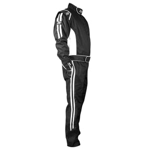Side shot of the Challenger SFI racing suit in black and white